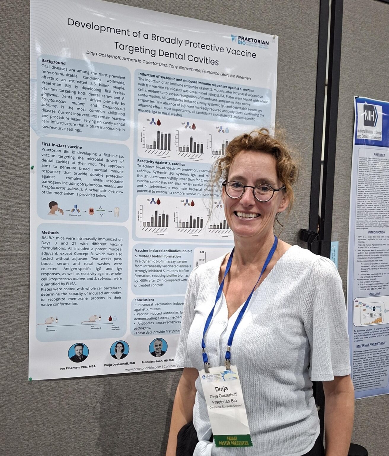 Praetorian Bio CSO Dinja Oosterhoff presenting the CaviStop caries-vaccine poster at the IADR 2026 General Session, San Diego